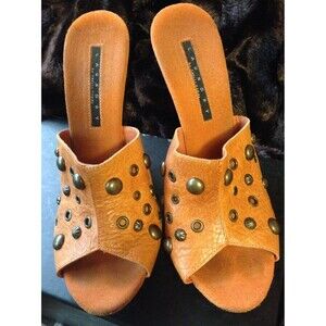 Laundry by Shelli Segal Leather Studded Mules 5" Block Heel Open Toe Moto Boho 9